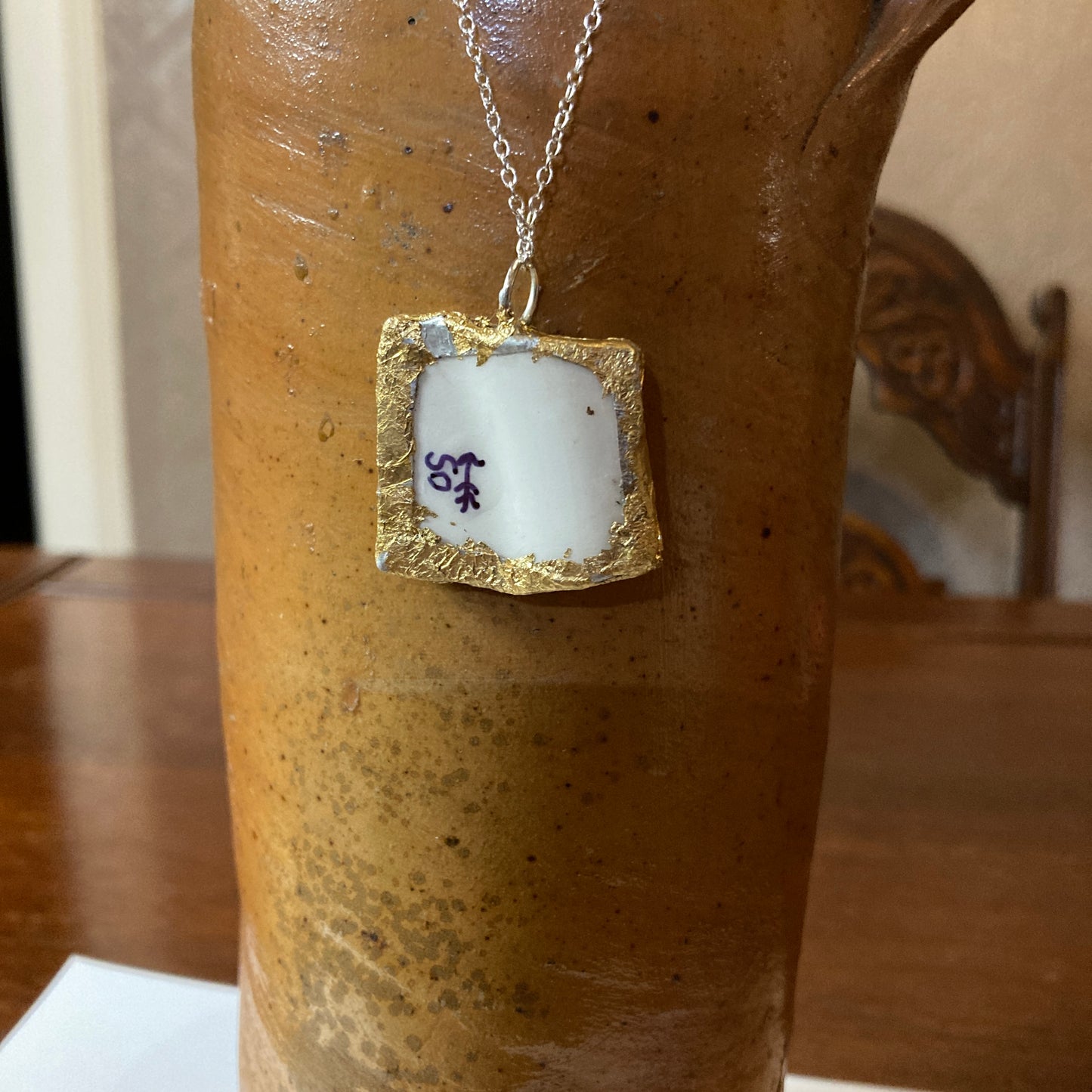 Broken Plate Artisan Made Poppy Flower Pendant Handcrafted Necklace 1 in x 1.25 in