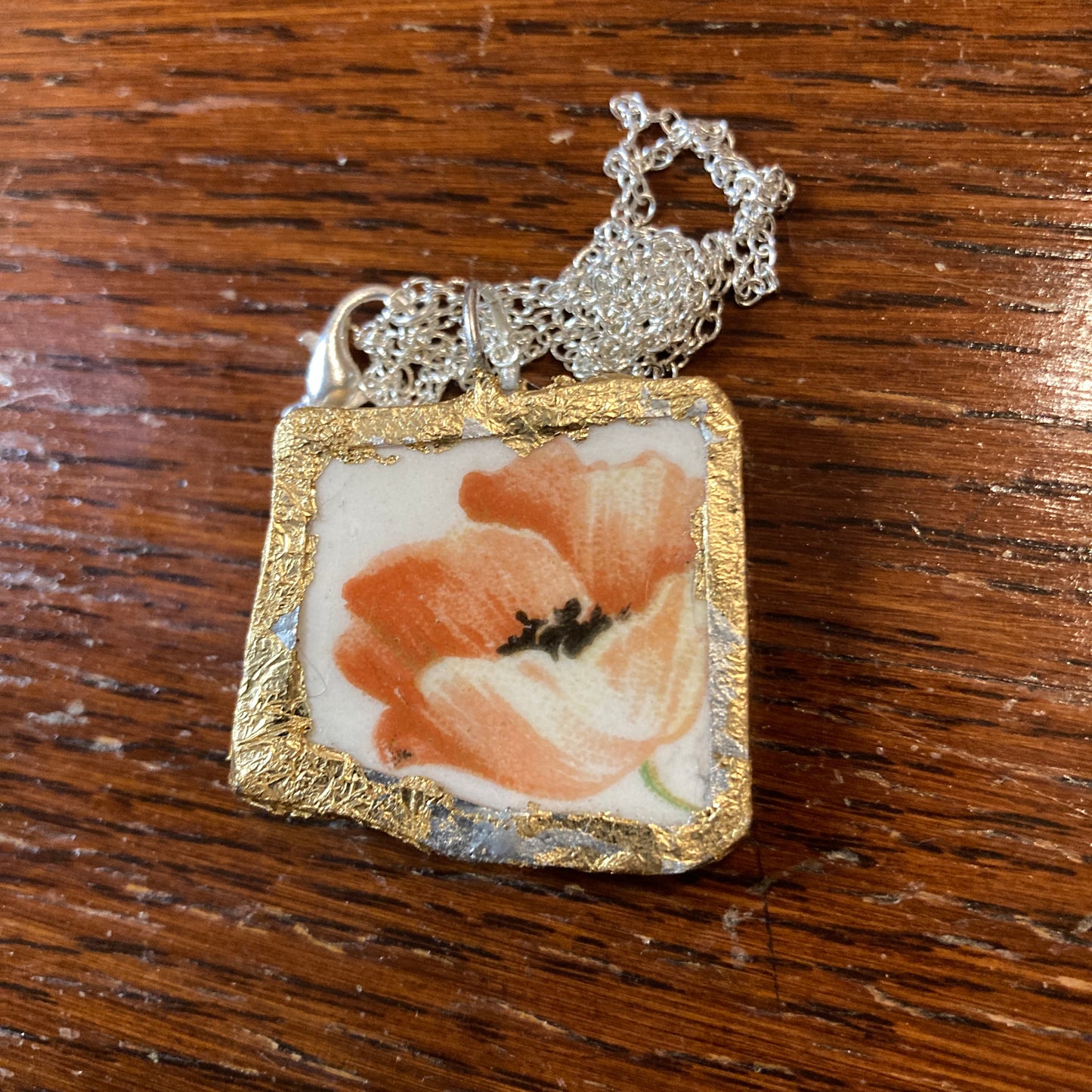 Broken Plate Artisan Made Poppy Flower Pendant Handcrafted Necklace 1 in x 1.25 in