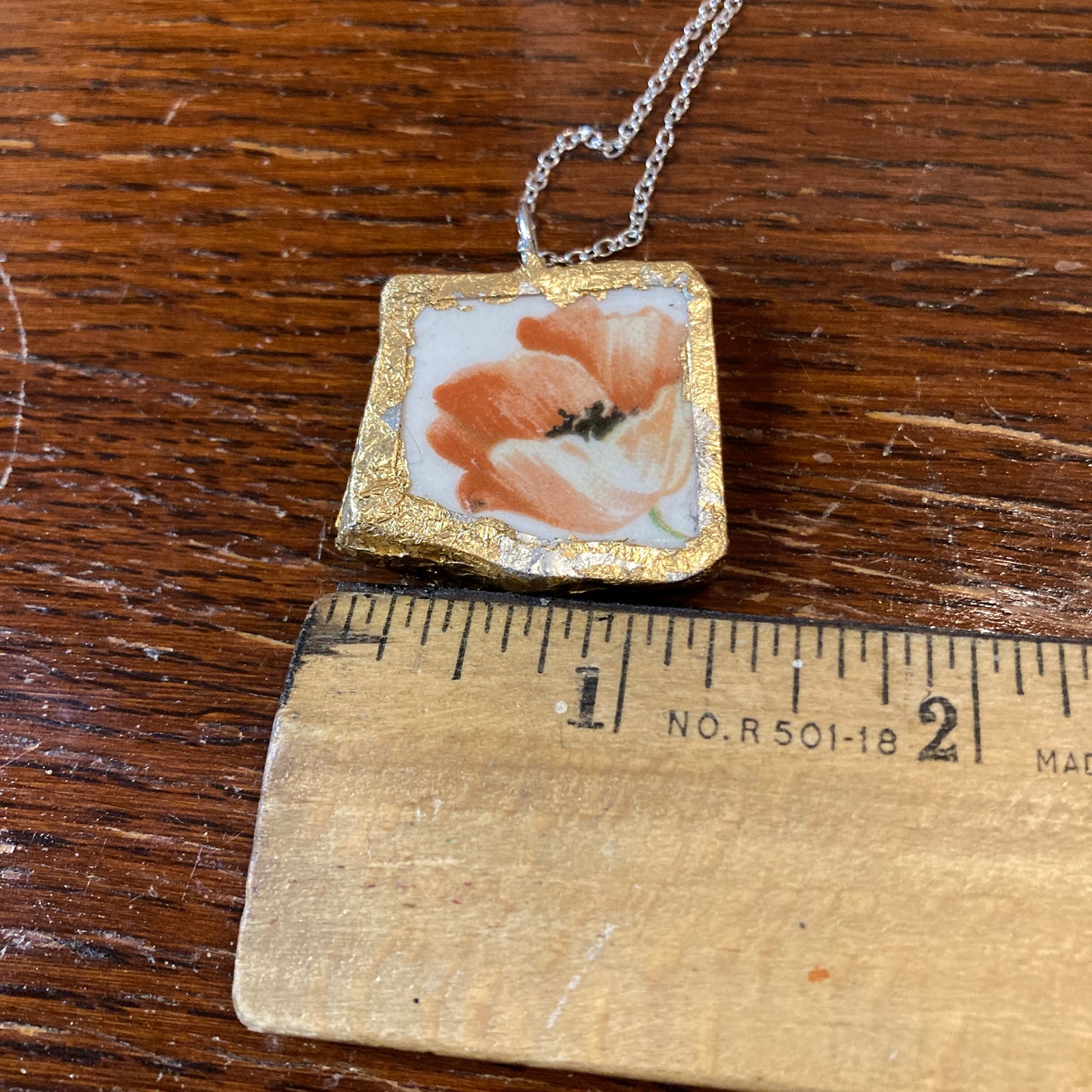 Broken Plate Artisan Made Poppy Flower Pendant Handcrafted Necklace 1 in x 1.25 in