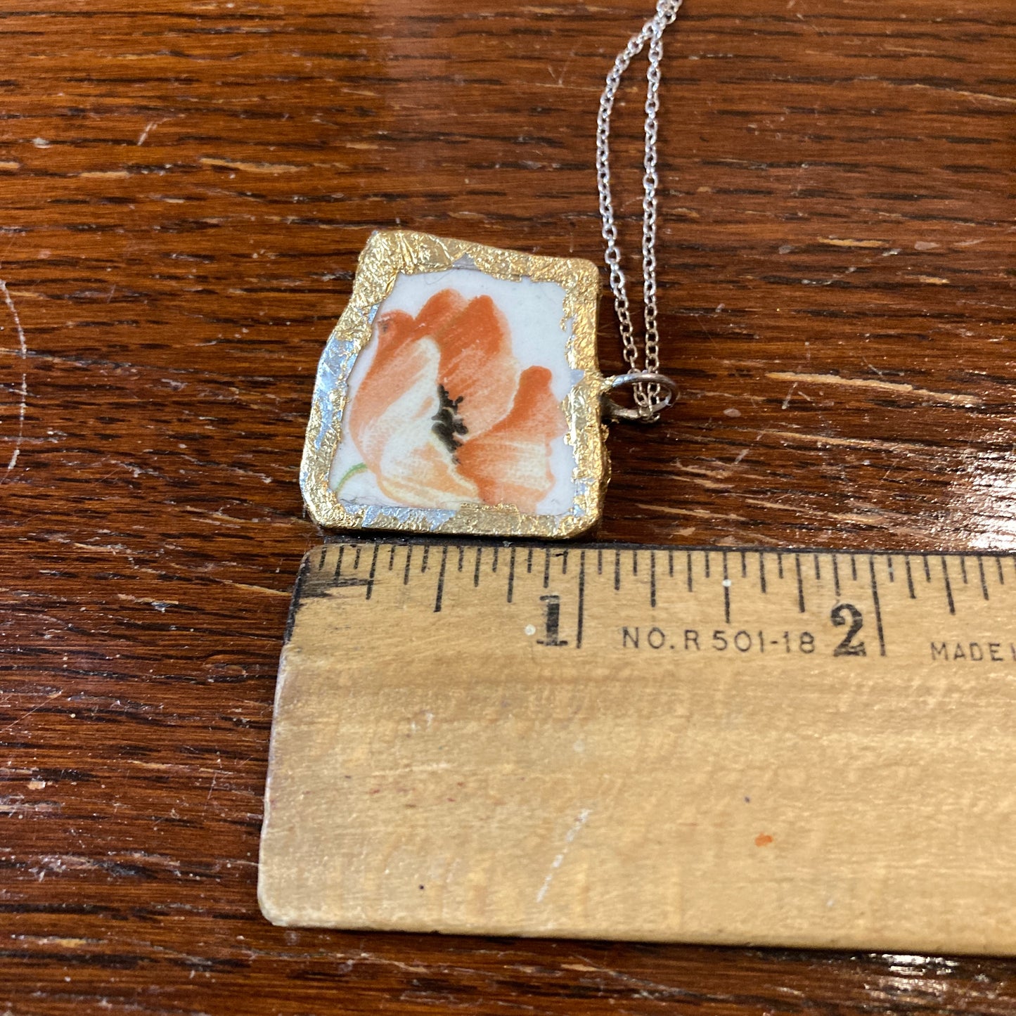 Broken Plate Artisan Made Poppy Flower Pendant Handcrafted Necklace 1 in x 1.25 in