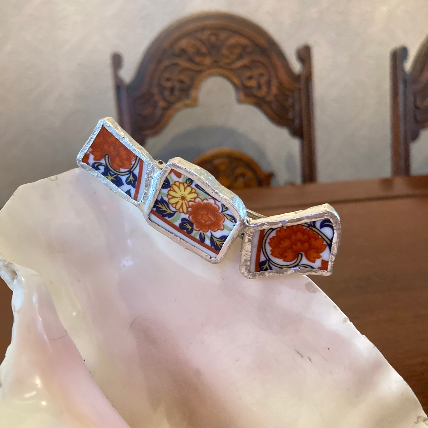 Broken Plate Artisan Made Floral Barrette Handcrafted Hair Clip 1 in x 3.25 in