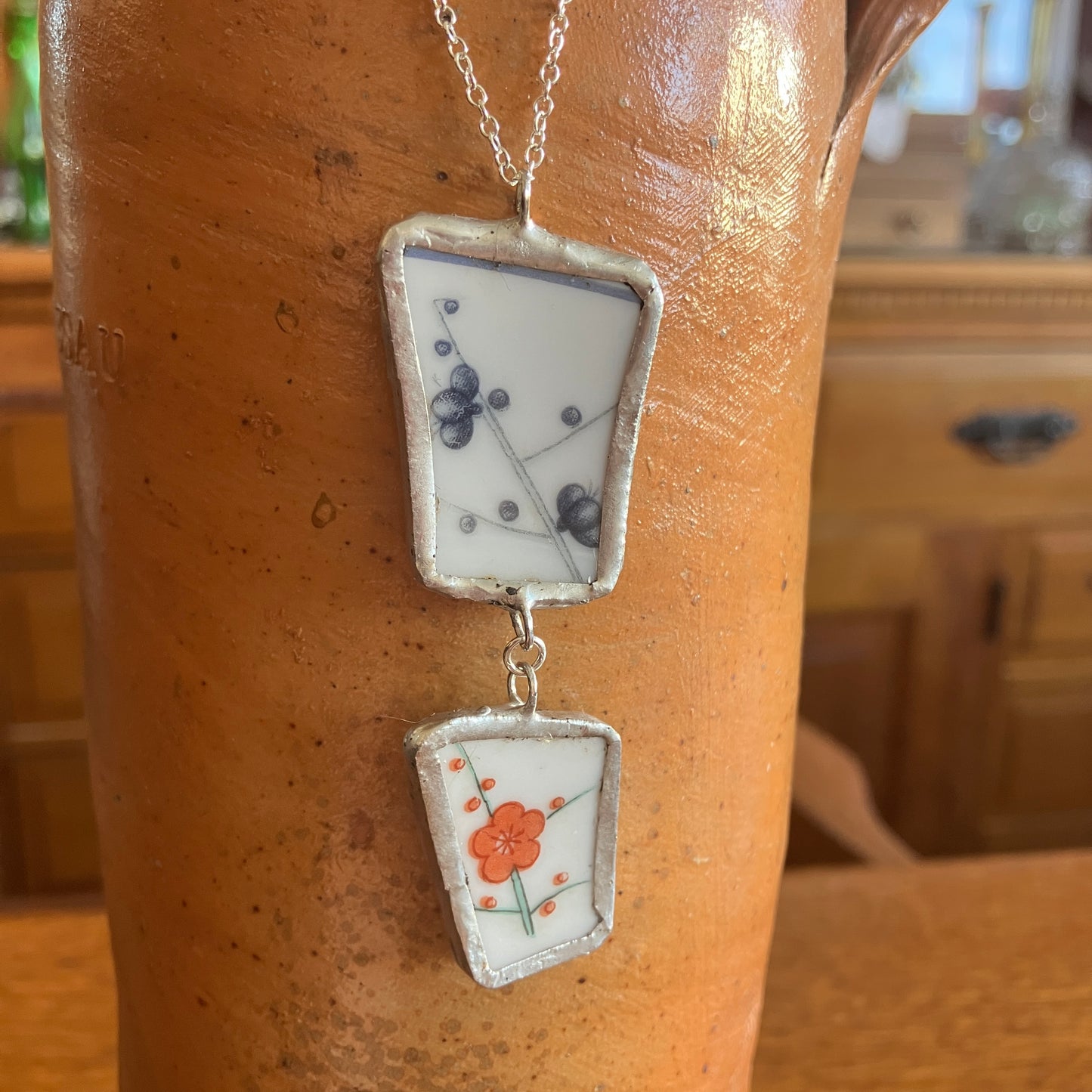 Broken Pottery Artisan Made Double Pendant Hyakusenka Dish Handcrafted Necklace
