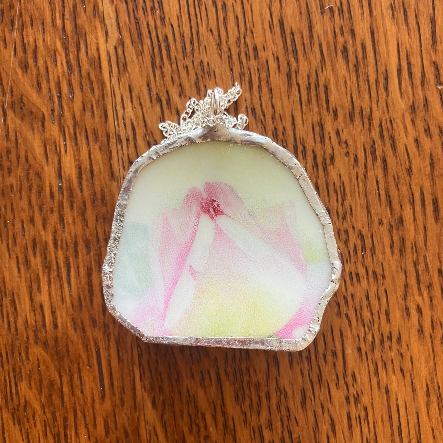 Broken Plate Artisan Made Flower Pendant Handcrafted Necklace 1.75 in x 1.75 in