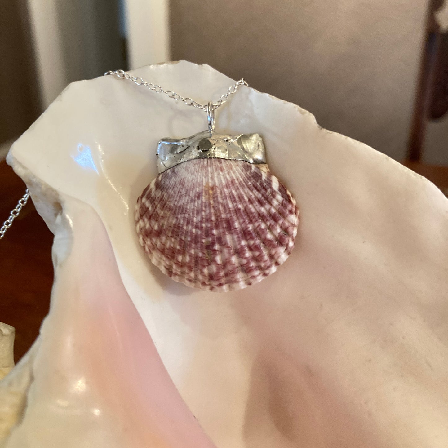 Pacific Pink Scallop Artisan Made Pendant Handcrafted Sea Shell Necklace 1.25 in x 1 3/8 in