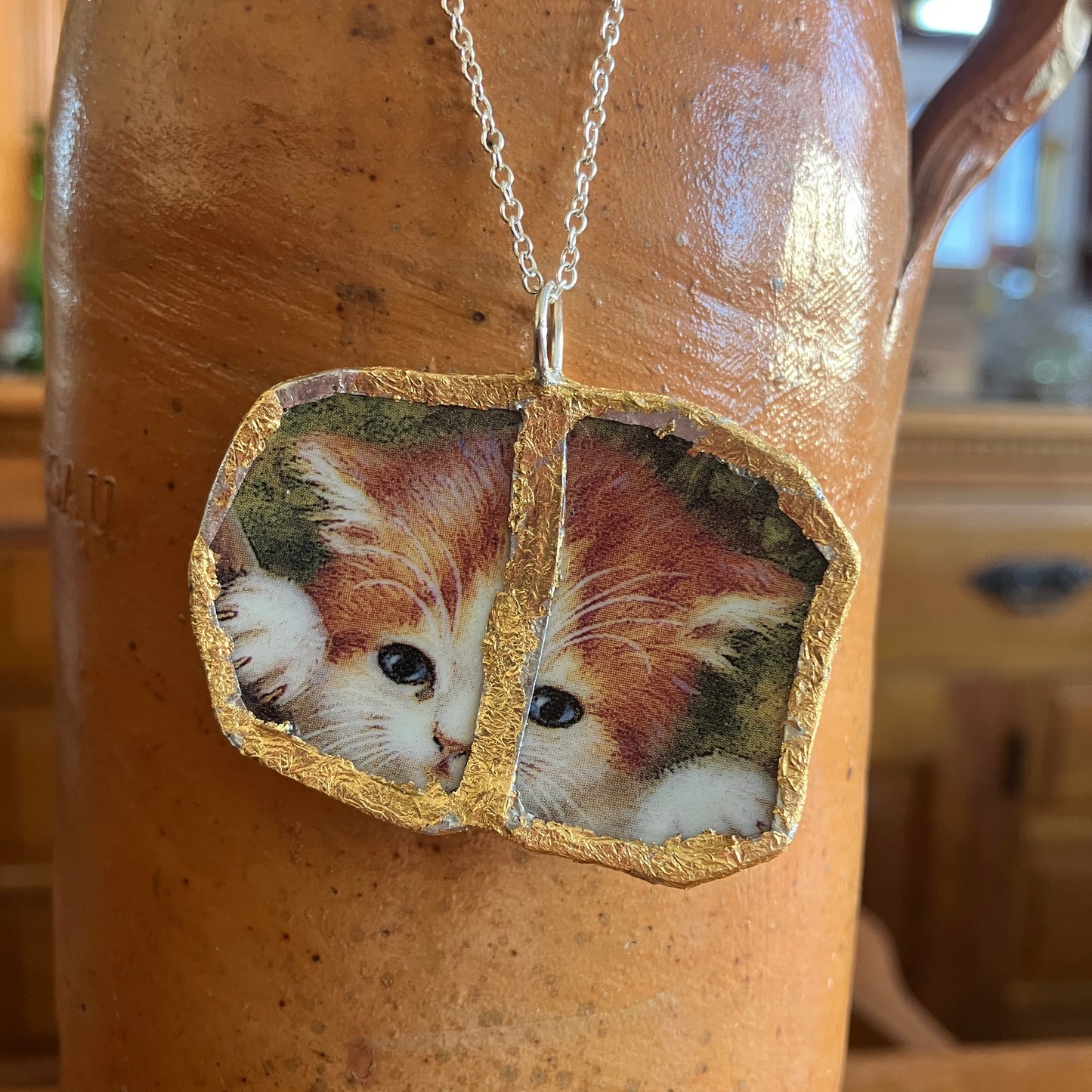 Broken Pottery Artisan Made Cat Pendant Kitten Collector Plate Handcrafted Necklace 2in x 1.25in