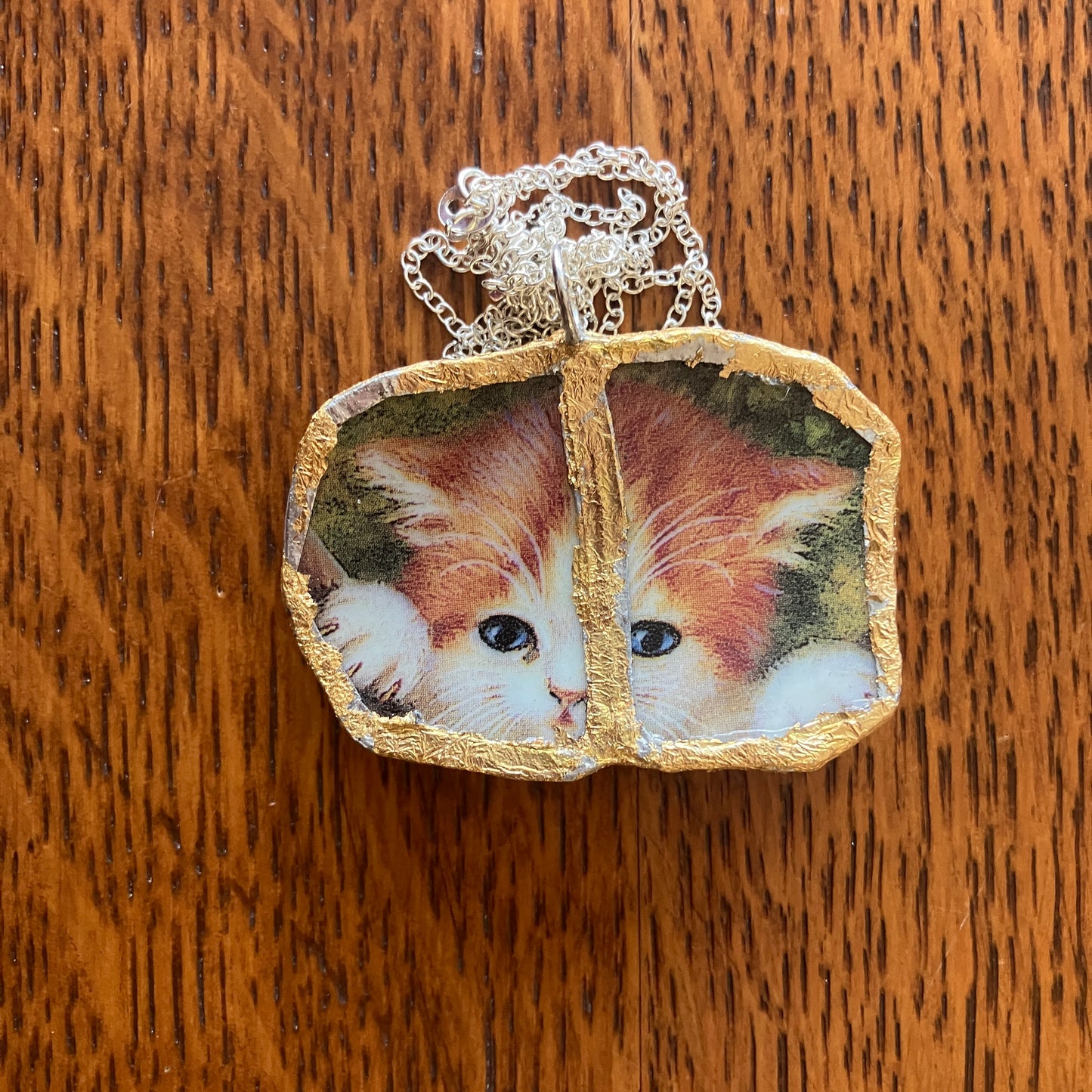 Broken Pottery Artisan Made Cat Pendant Kitten Collector Plate Handcrafted Necklace 2in x 1.25in