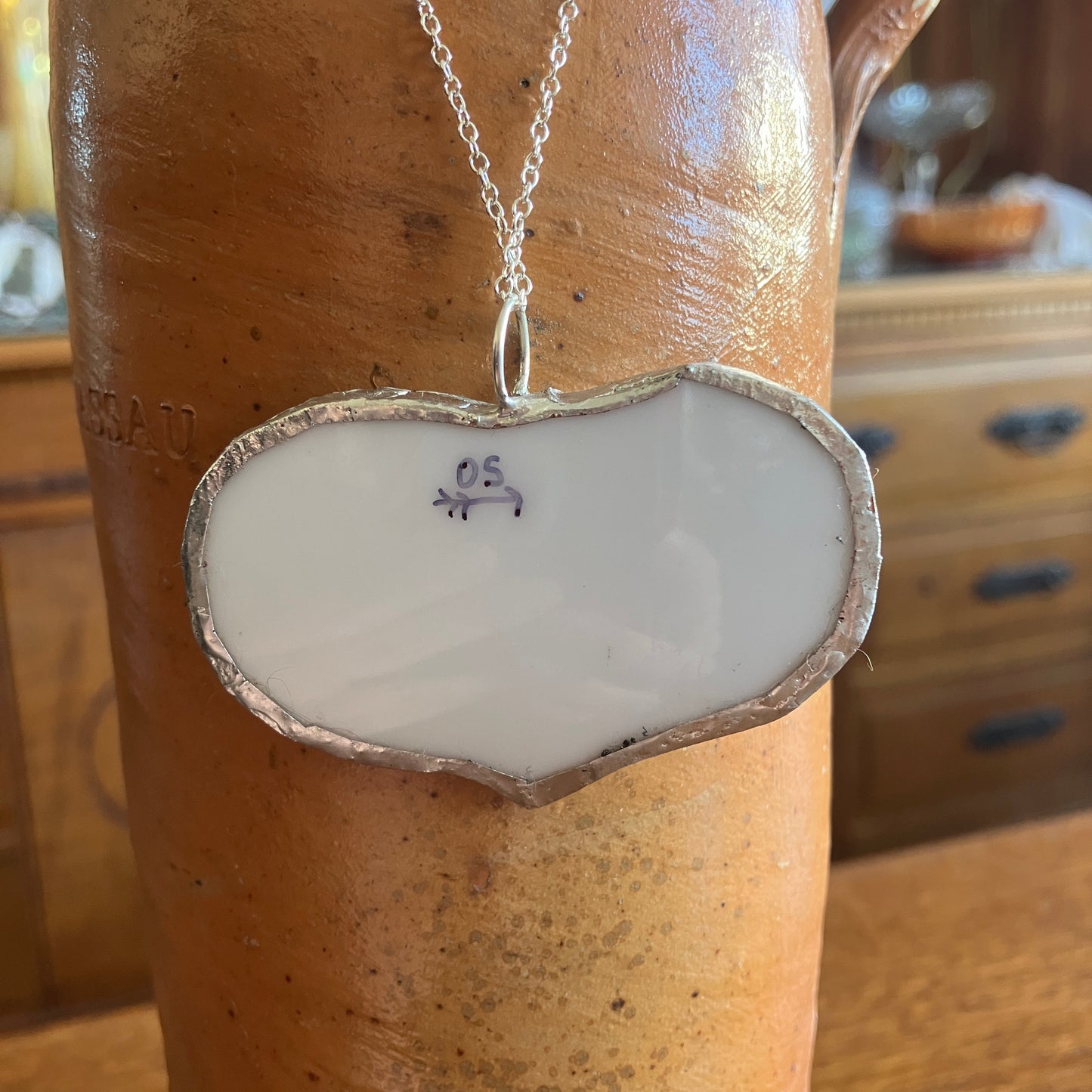 Pennsylvania Dutch Artisan Made Pendant Broken Norcrest Hand Painted Plate Handcrafted Necklace 2.5 in x 1.5 in