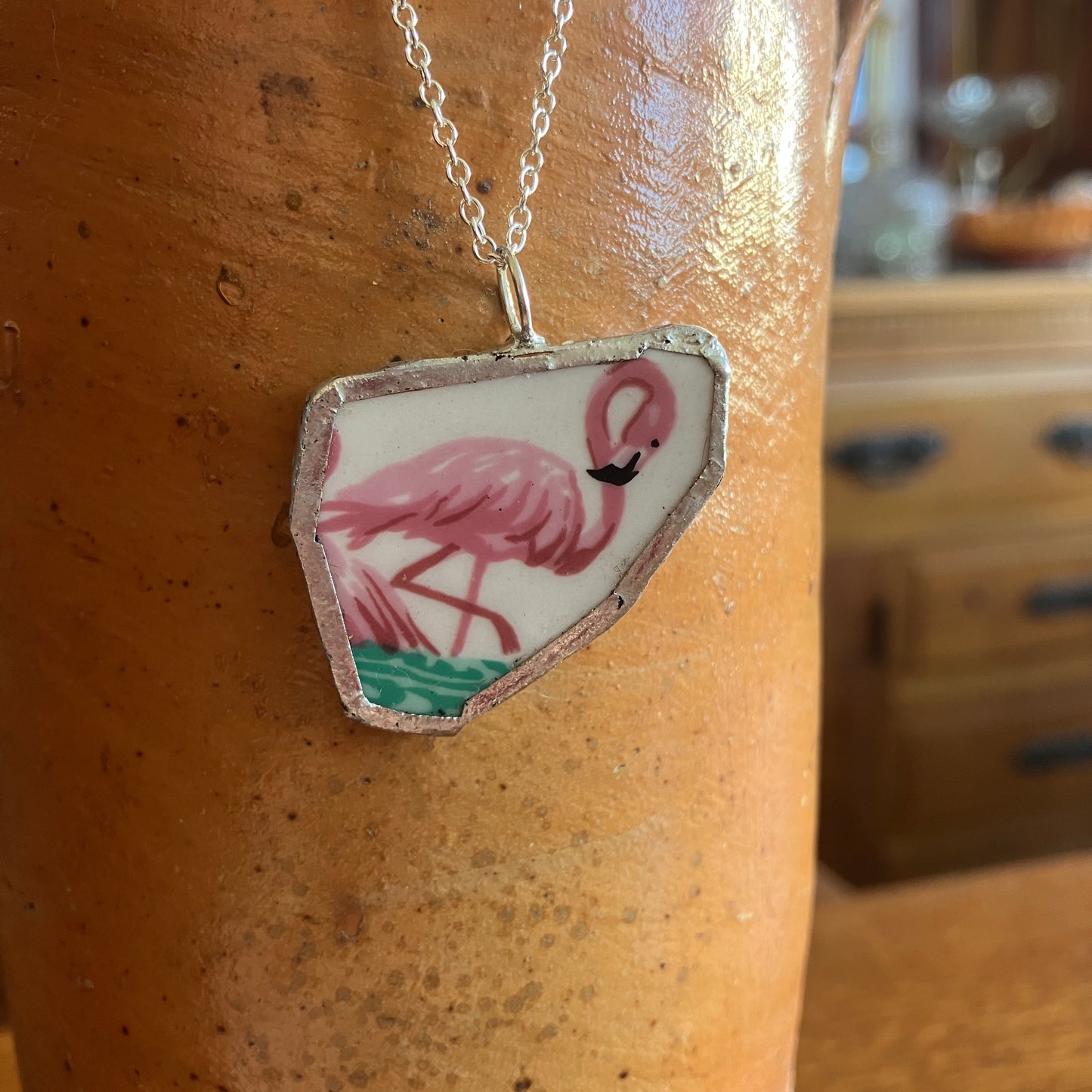 Broken Pottery Artisan Made Pendant Stoneware Flamingo Plate Handcrafted Necklace 1.25in x 1.25in