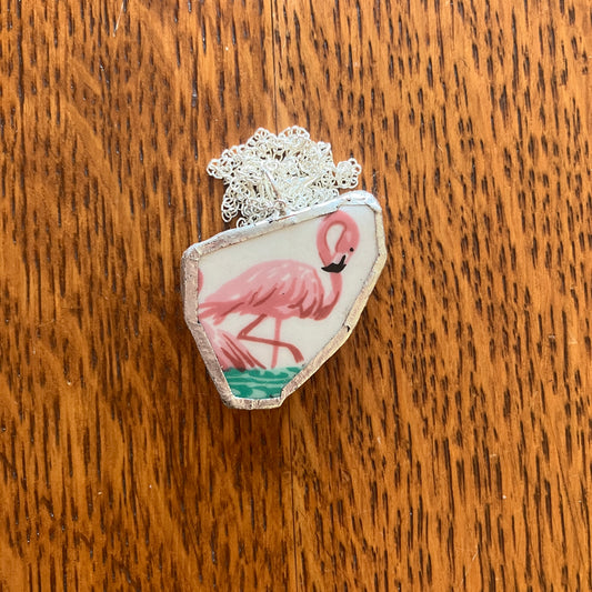 Broken Pottery Artisan Made Pendant Stoneware Flamingo Plate Handcrafted Necklace 1.25in x 1.25in