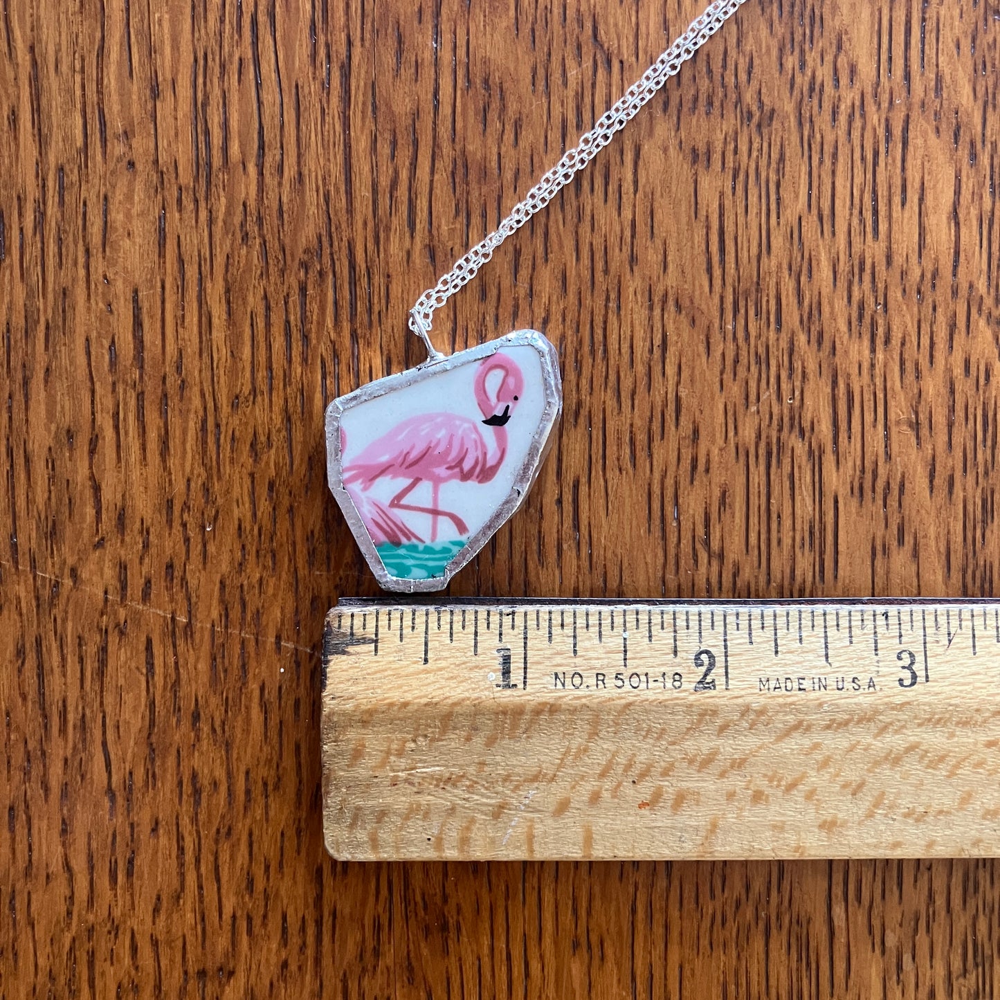 Broken Pottery Artisan Made Pendant Stoneware Flamingo Plate Handcrafted Necklace 1.25in x 1.25in