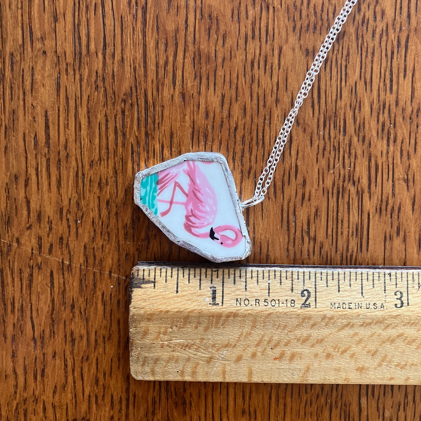 Broken Pottery Artisan Made Pendant Stoneware Flamingo Plate Handcrafted Necklace 1.25in x 1.25in