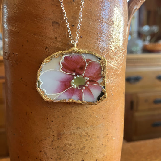 Broken Pottery Artisan Made Pendant Hand Painted Japan Unbranded Plate Handcrafted Necklace 1.5in x 1in