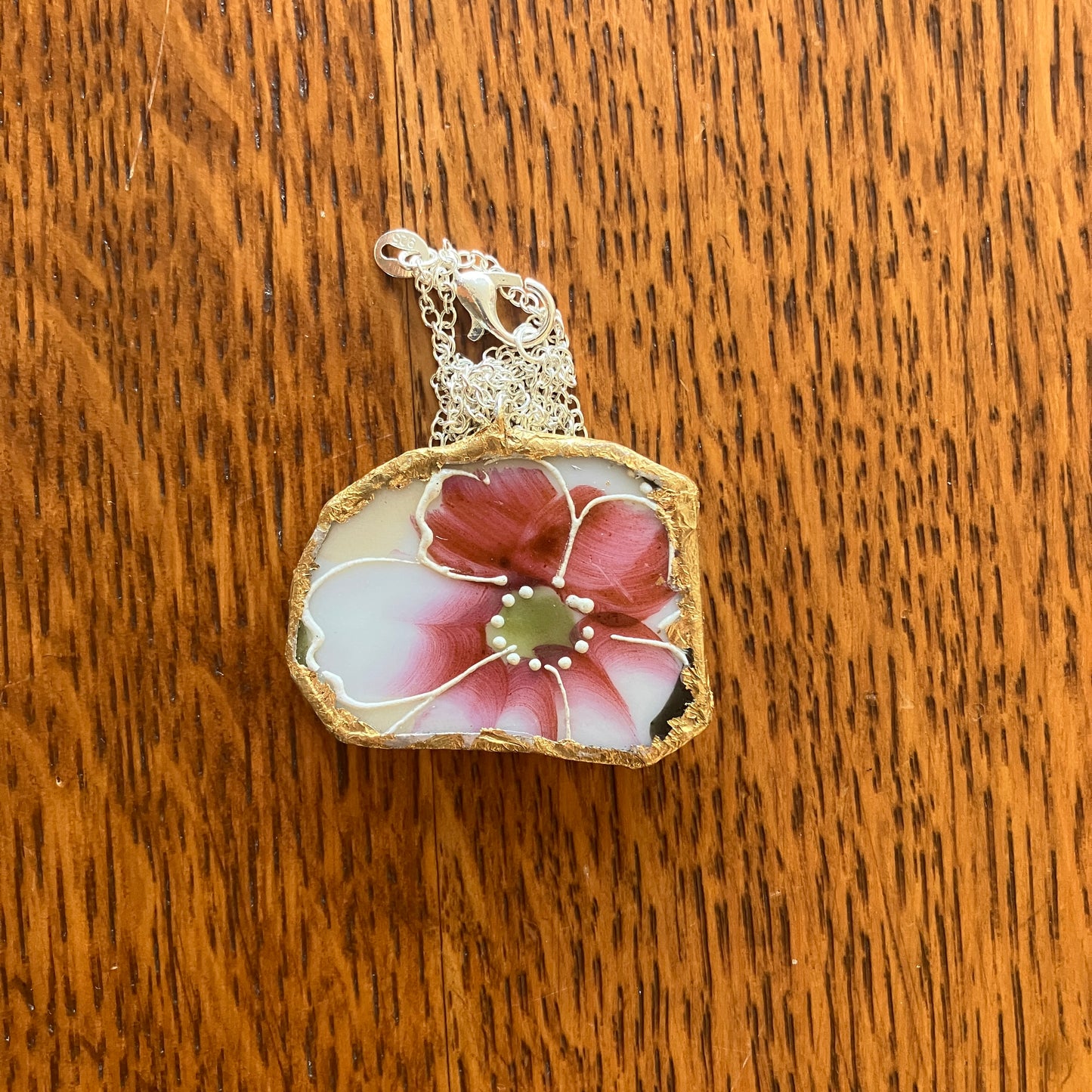 Broken Pottery Artisan Made Pendant Hand Painted Japan Unbranded Plate Handcrafted Necklace 1.5in x 1in