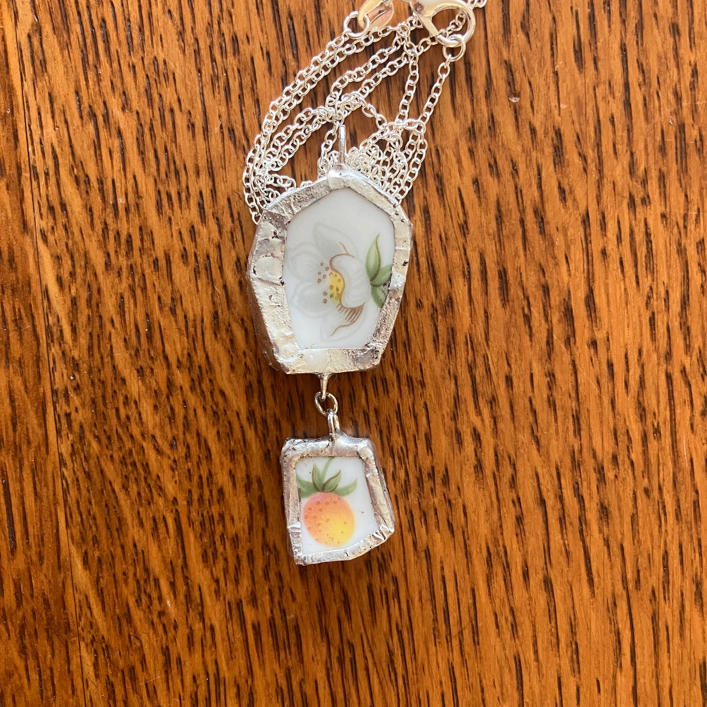 Artisan Double Pendant Royal Doulton Strawberry Cream Dinner Plate Handcrafted Necklace 3/4in x 2in
