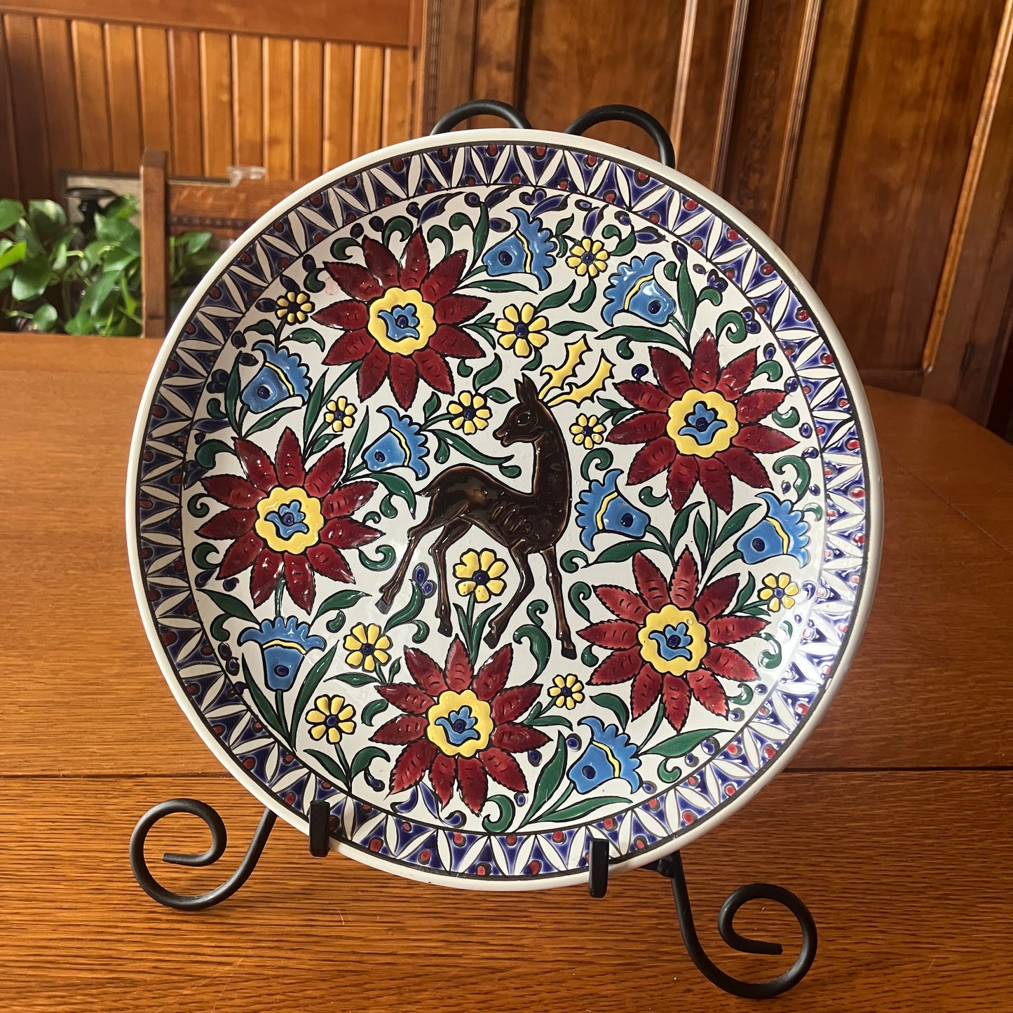 Vintage Neofitou Keramik Hand Painted Plate, Rhodian Deer Ceramic, Faliraki Rhodes Greece, 9.5 Inch