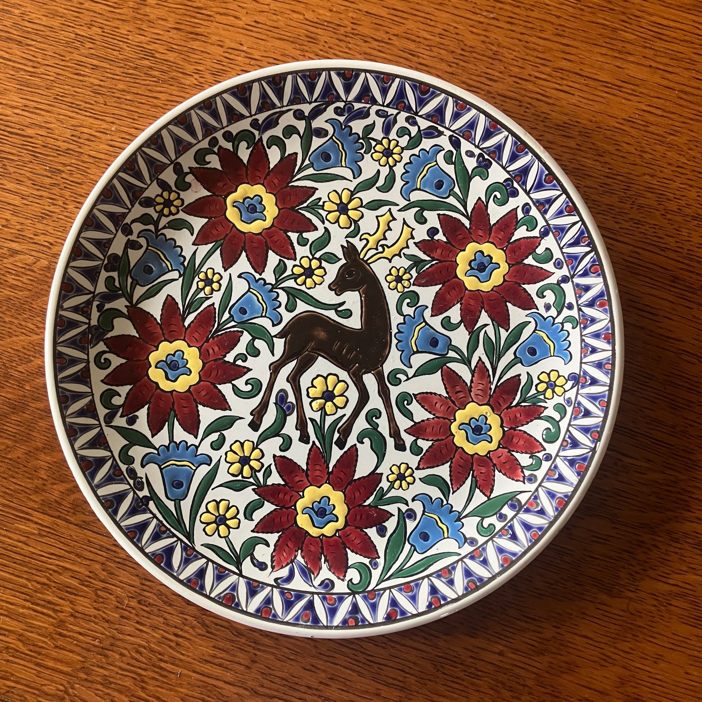Vintage Neofitou Keramik Hand Painted Plate, Rhodian Deer Ceramic, Faliraki Rhodes Greece, 9.5 Inch
