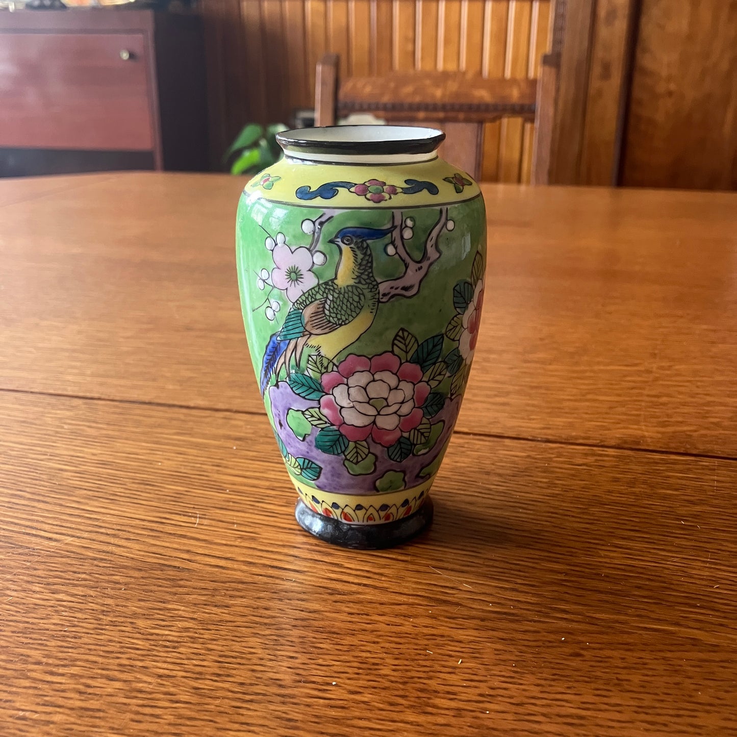 Vintage Japanese Hand-Enameled Porcelain Bud Vase 5in Kutani Style Bird & Peony
