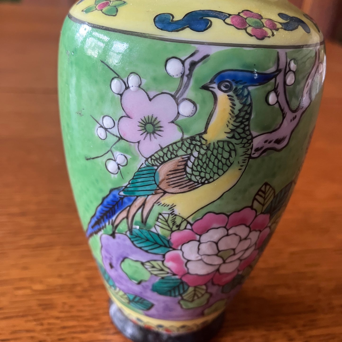 Vintage Japanese Hand-Enameled Porcelain Bud Vase 5in Kutani Style Bird & Peony