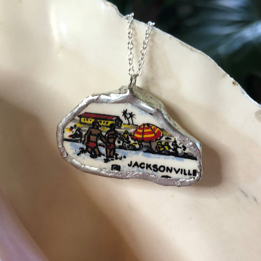Broken Pottery Artisan Made Jacksonville Pendant Florida Collectors Plate Handcrafted Necklace 1.5in x 1in