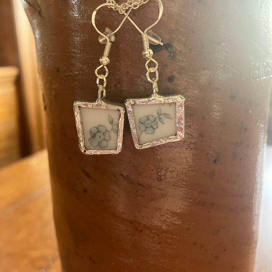 Broken Pottery Artisan Made Floral Earrings Johann Haviland Blue Garland Plate Handcrafted Dangle Earrings