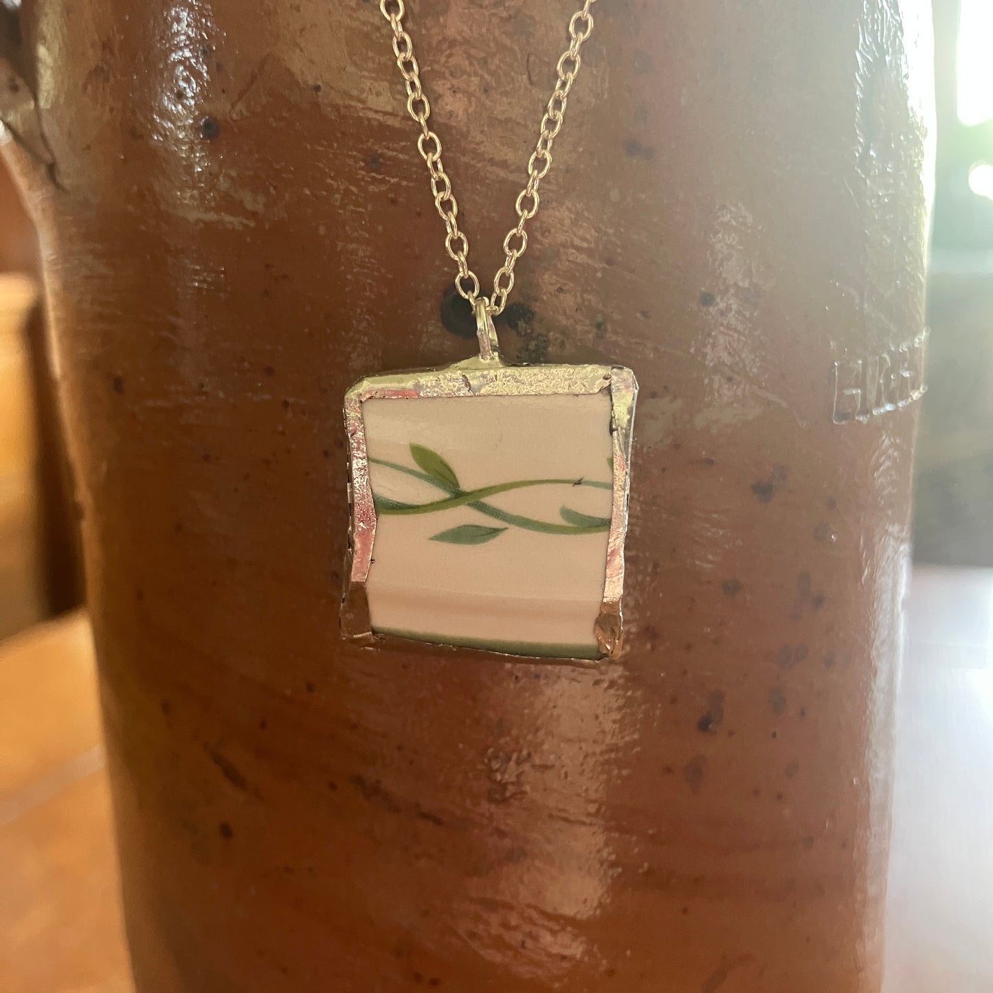 Broken Pottery Artisan Made Ivy Pendant Studio Nova Plate Handcrafted Necklace 3/4 in x 7/8 in
