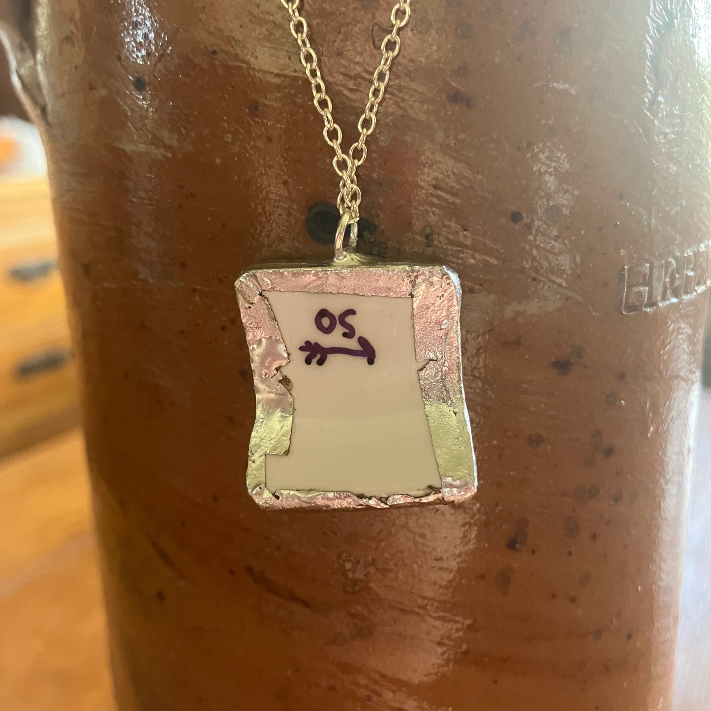 Broken Pottery Artisan Made Ivy Pendant Studio Nova Plate Handcrafted Necklace 3/4 in x 7/8 in