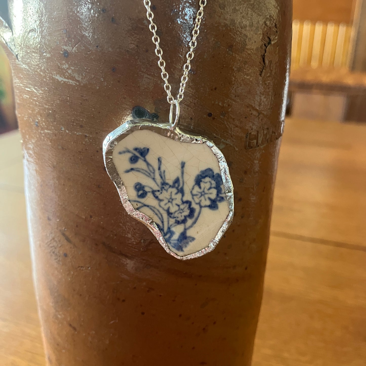 Broken Pottery Artisan Made Pendant Unbranded Blue Floral Plate Handcrafted Necklace 1.25 in x 1.5 in