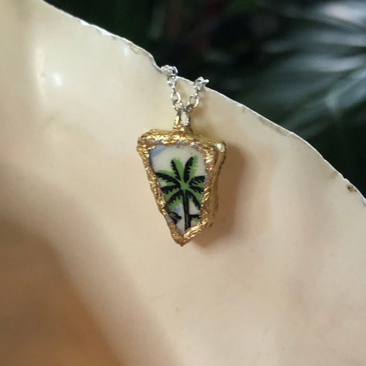 Broken Pottery Artisan Made Palm Tree Pendant Florida Collectors Plate Handcrafted Necklace 1/2in x 5/8in