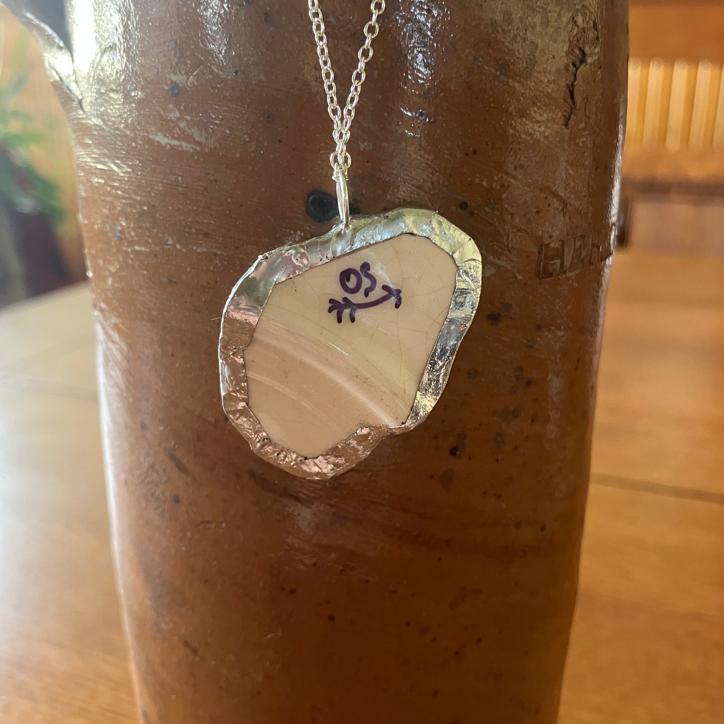 Broken Pottery Artisan Made Pendant Unbranded Blue Floral Plate Handcrafted Necklace 1.25 in x 1.5 in