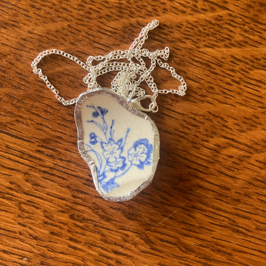 Broken Pottery Artisan Made Pendant Unbranded Blue Floral Plate Handcrafted Necklace 1.25 in x 1.5 in