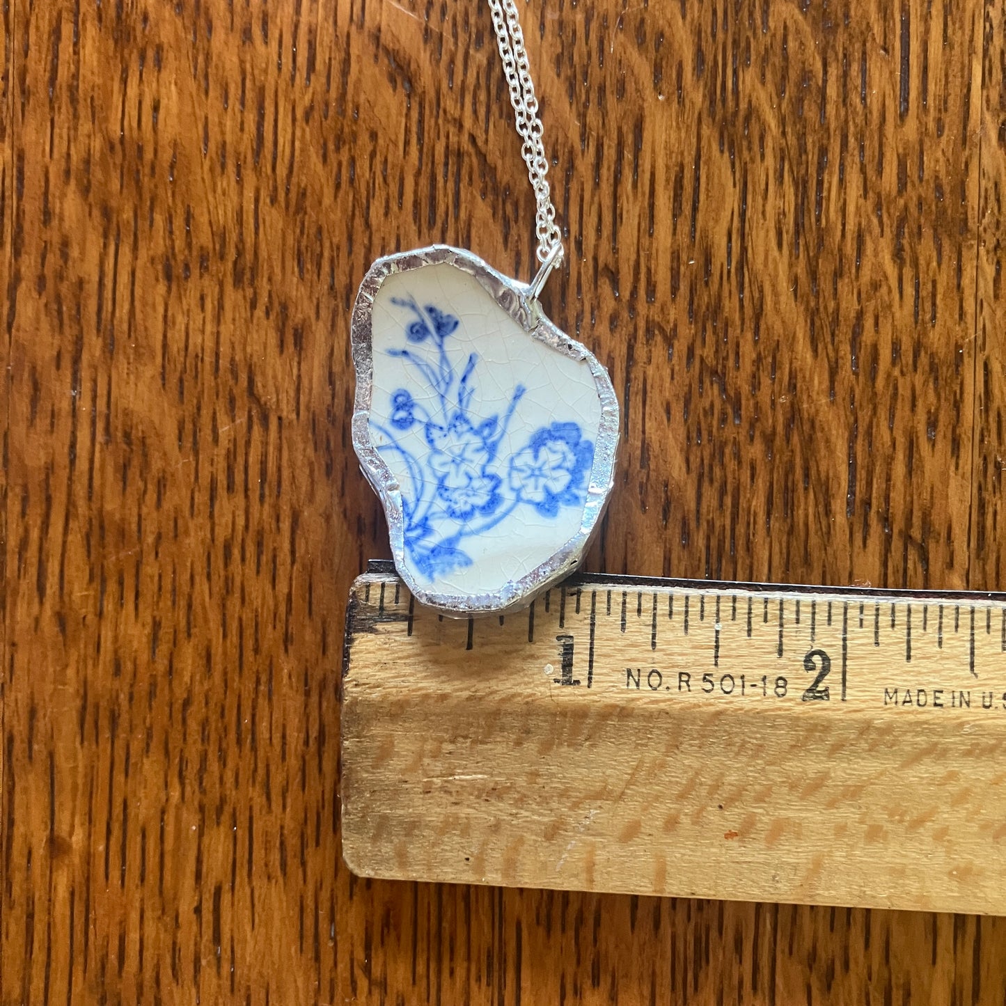 Broken Pottery Artisan Made Pendant Unbranded Blue Floral Plate Handcrafted Necklace 1.25 in x 1.5 in