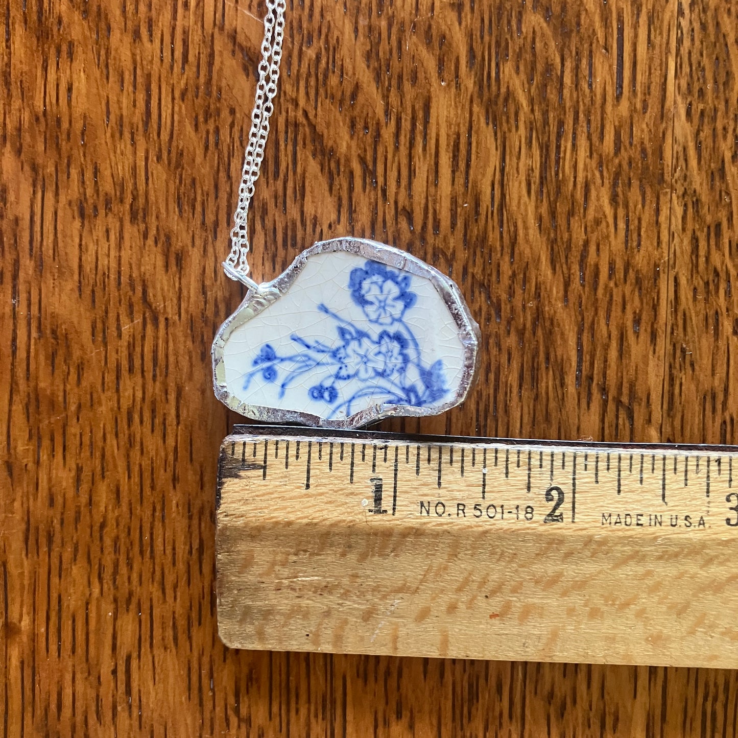 Broken Pottery Artisan Made Pendant Unbranded Blue Floral Plate Handcrafted Necklace 1.25 in x 1.5 in