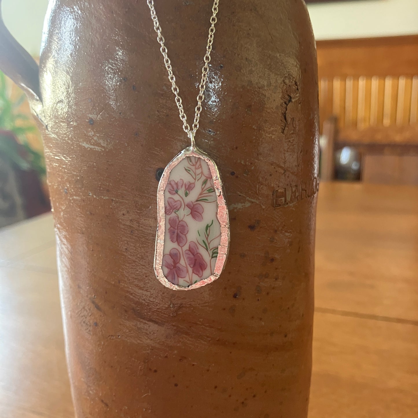 Broken Pottery Artisan Made Pendant Floral Plate Handcrafted Necklace 3/4 in x 1.5 in