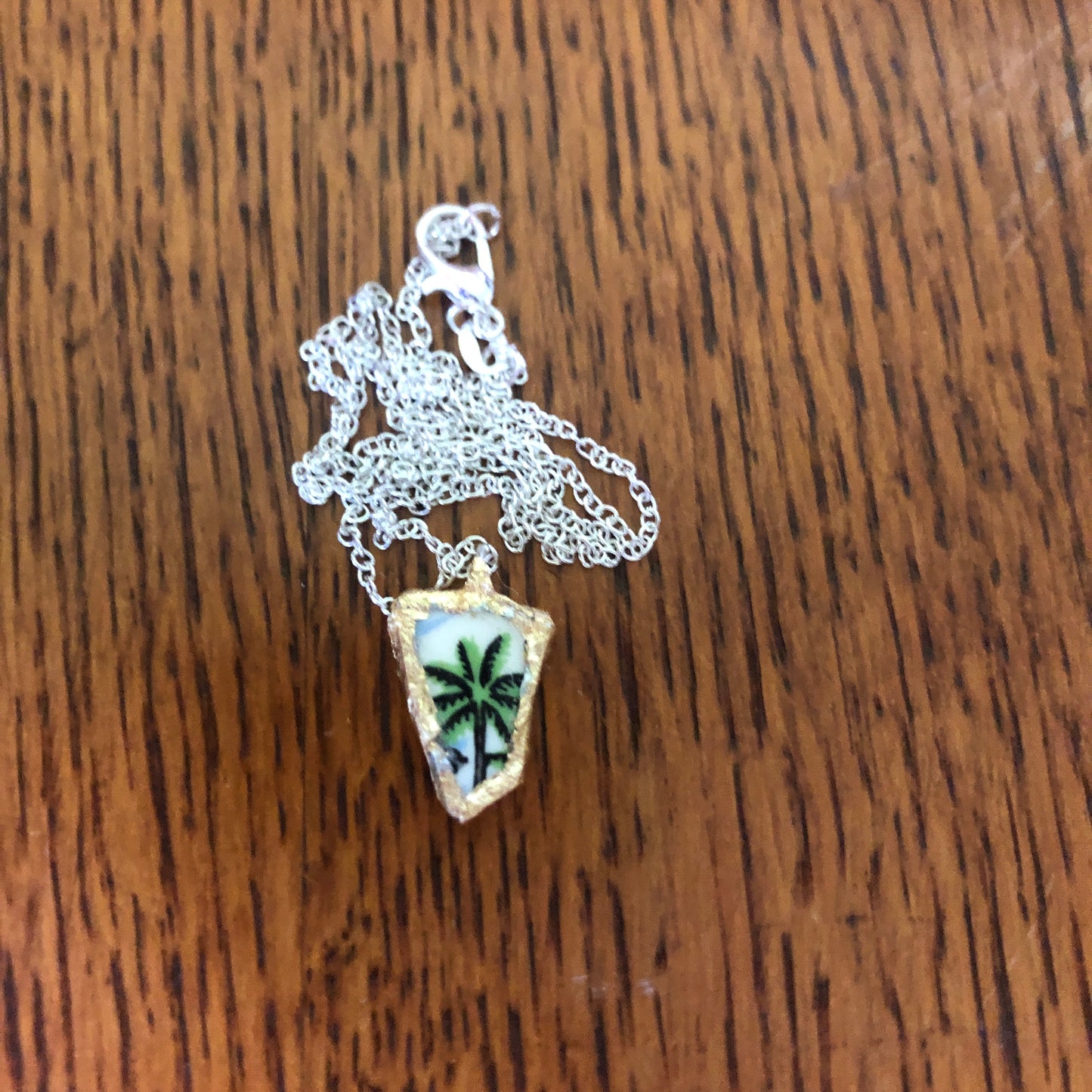 Broken Pottery Artisan Made Palm Tree Pendant Florida Collectors Plate Handcrafted Necklace 1/2in x 5/8in