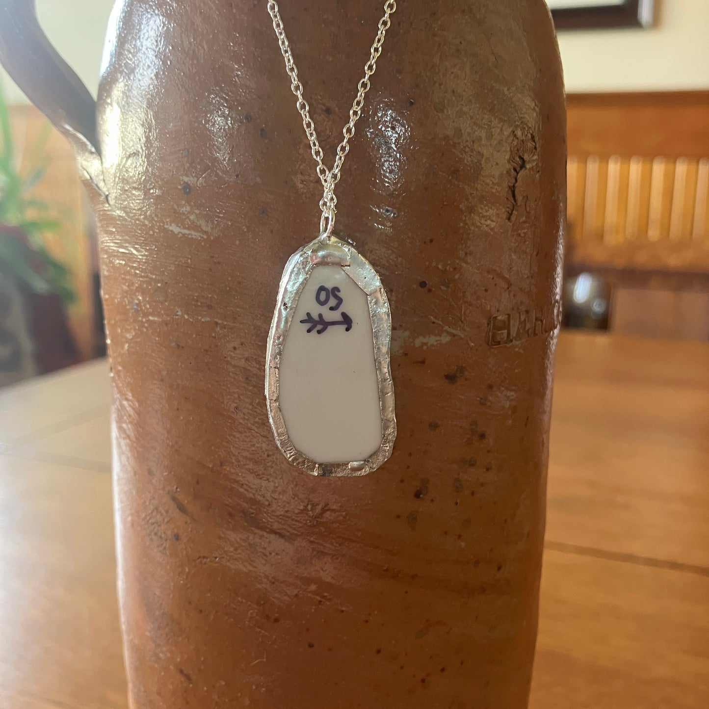 Broken Pottery Artisan Made Pendant Floral Plate Handcrafted Necklace 3/4 in x 1.5 in