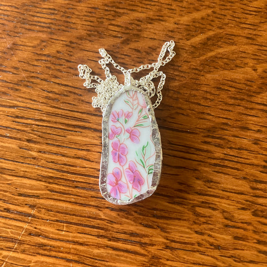 Broken Pottery Artisan Made Pendant Floral Plate Handcrafted Necklace 3/4 in x 1.5 in