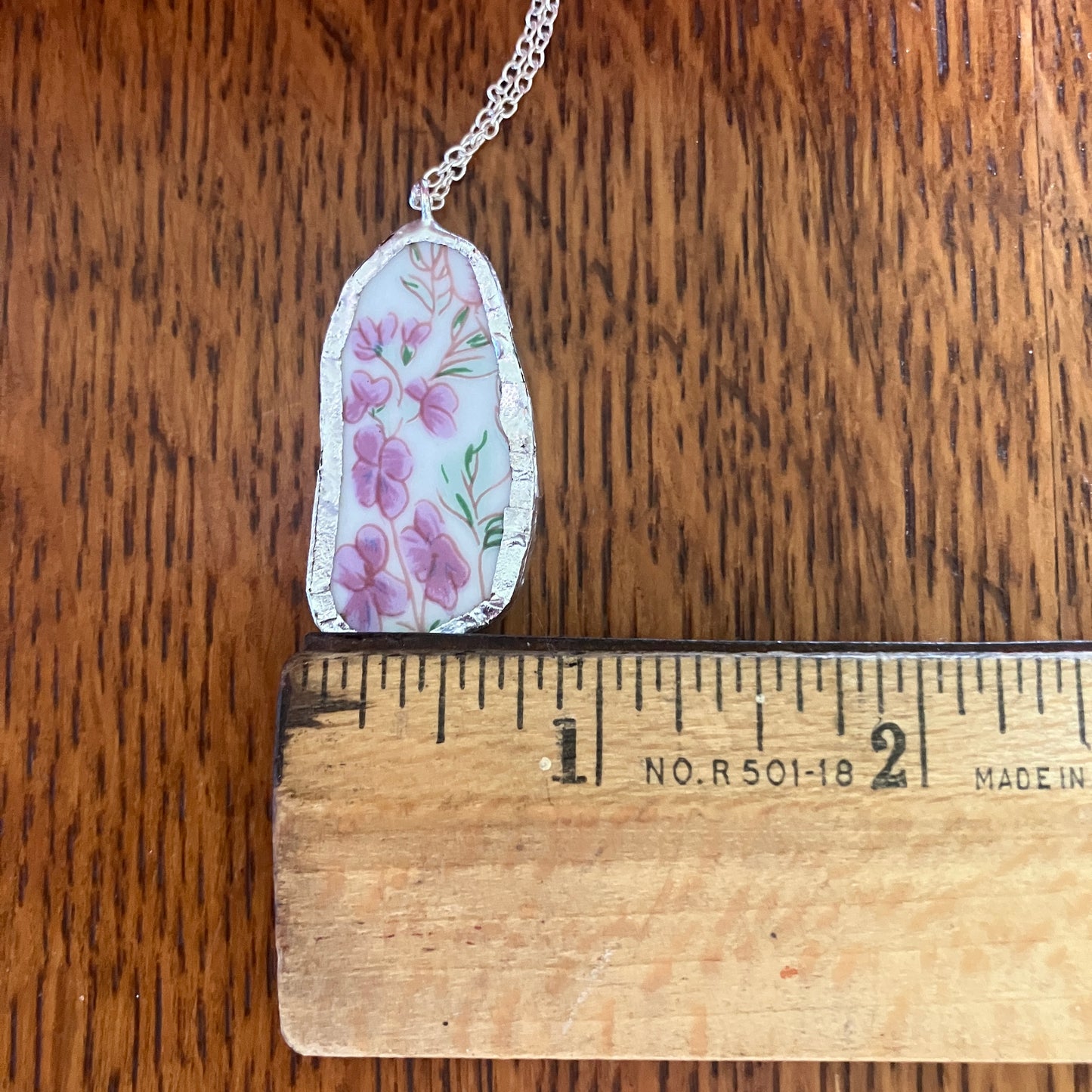 Broken Pottery Artisan Made Pendant Floral Plate Handcrafted Necklace 3/4 in x 1.5 in