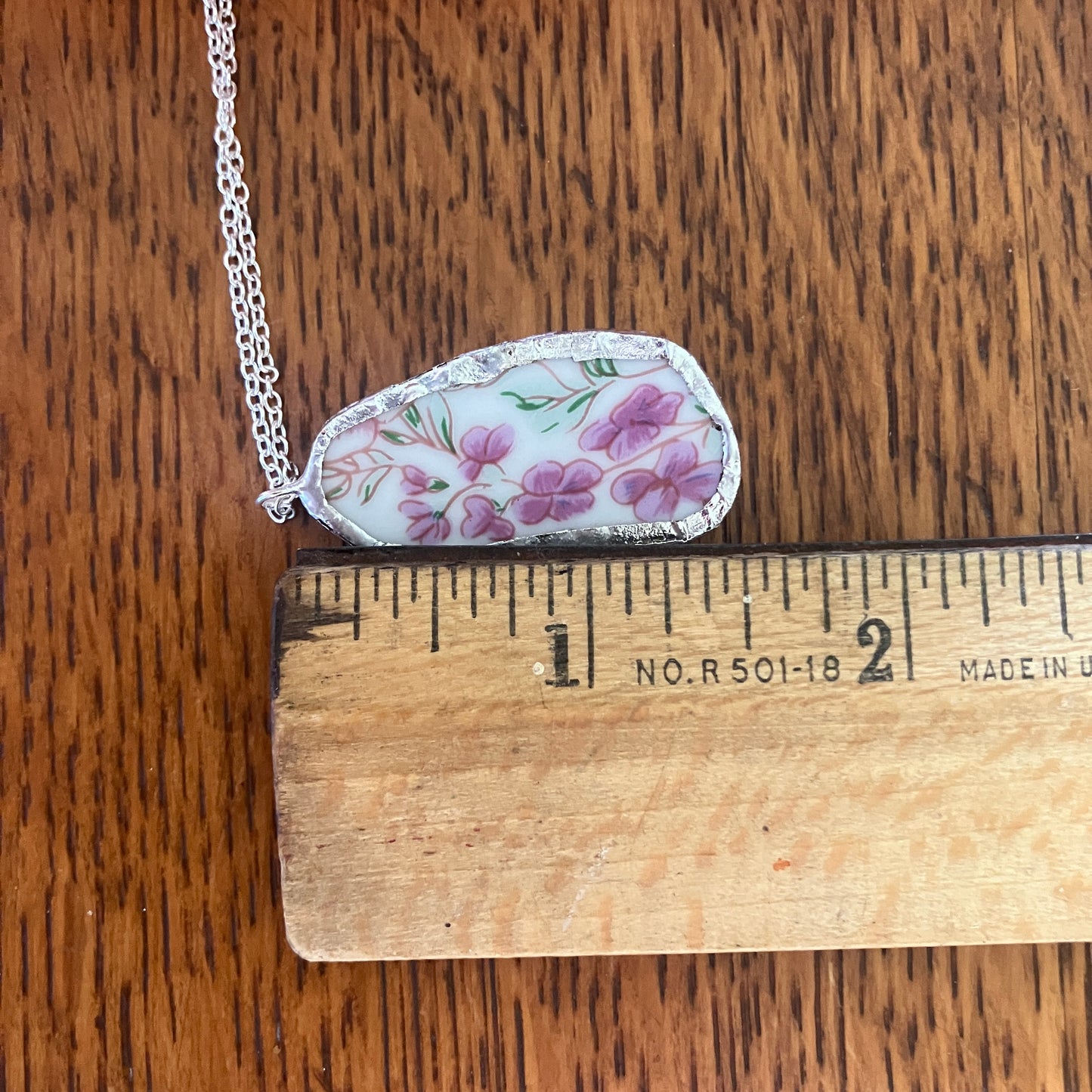 Broken Pottery Artisan Made Pendant Floral Plate Handcrafted Necklace 3/4 in x 1.5 in