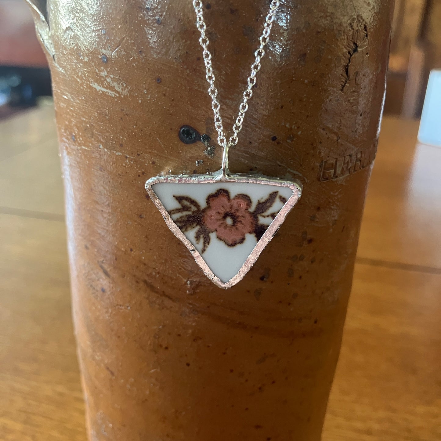 Broken Pottery Artisan Made Floral Pendant Sierra Stoneware Plate Handcrafted Necklace 1.25 in x 1 in