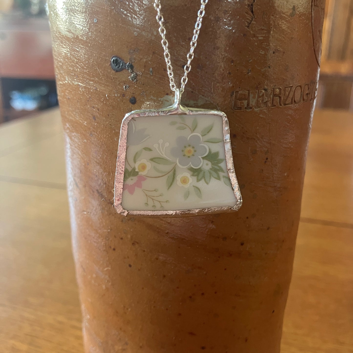 Broken Pottery Artisan Made Floral Pendant Johann Haviland Bavaria Germany Plate Handcrafted Necklace 1 3/8 in x 1.25 in