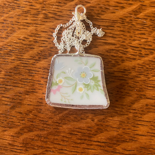 Broken Pottery Artisan Made Floral Pendant Johann Haviland Bavaria Germany Plate Handcrafted Necklace 1 3/8 in x 1.25 in