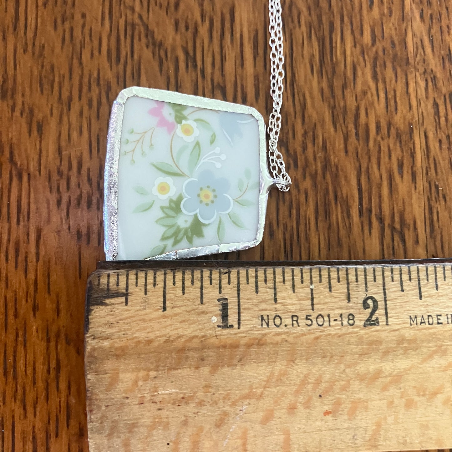 Broken Pottery Artisan Made Floral Pendant Johann Haviland Bavaria Germany Plate Handcrafted Necklace 1 3/8 in x 1.25 in