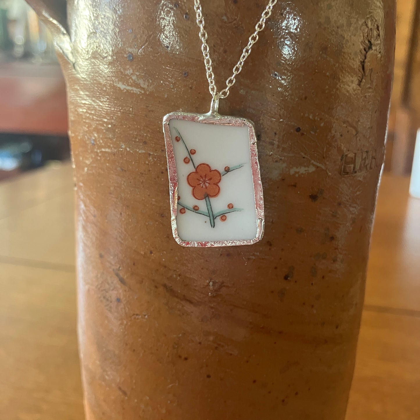 Broken Pottery Artisan Made Pendant Hyakusenka Dish Handcrafted Necklace 3/4in x 1 1/8in