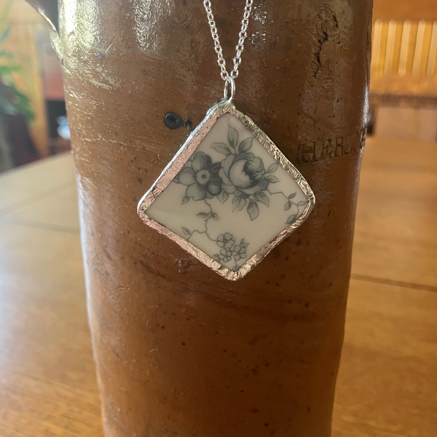 Broken Pottery Artisan Made Floral Pendant Johann Haviland Blue Garland Plate Handcrafted Necklace 1.75 in x 1.75 in