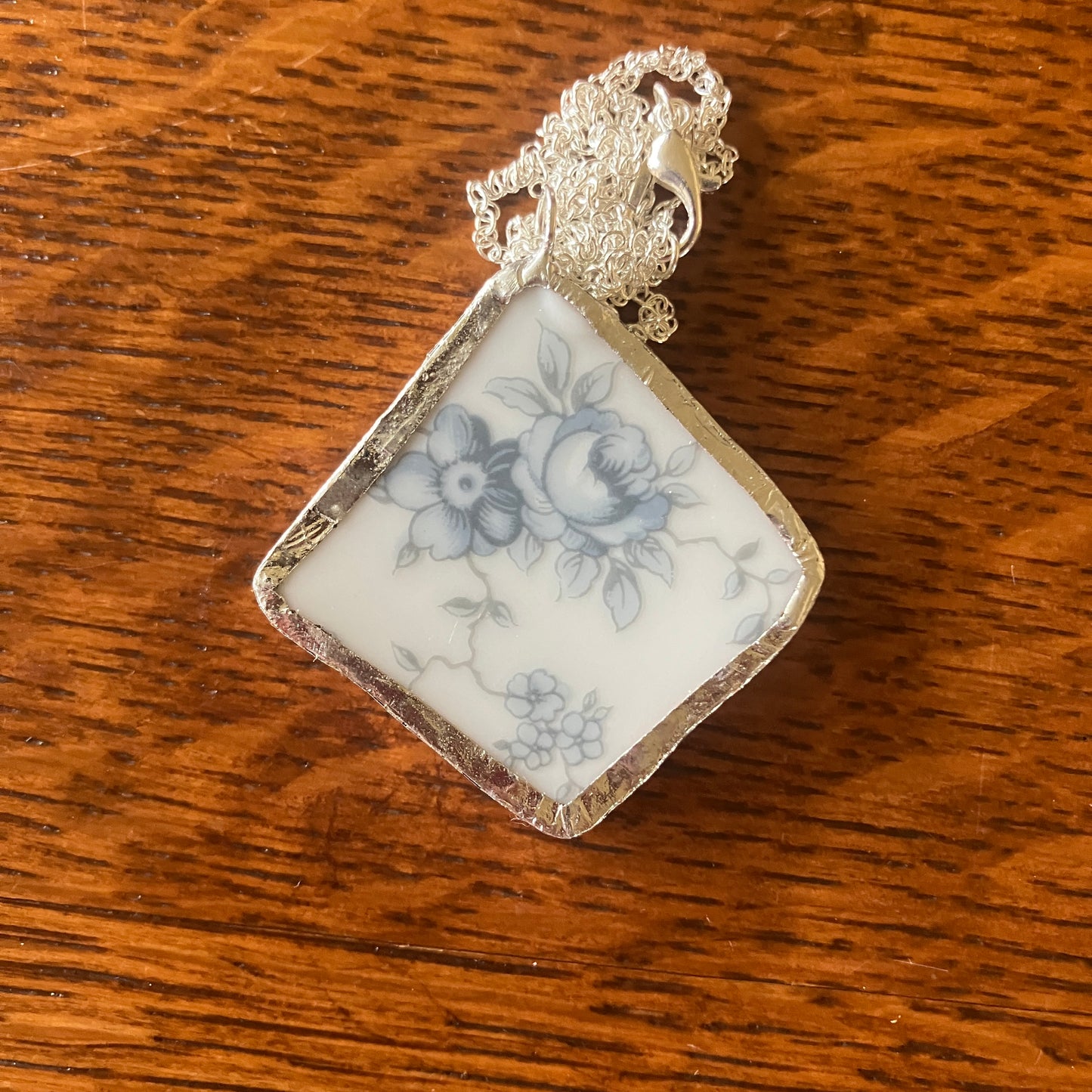 Broken Pottery Artisan Made Floral Pendant Johann Haviland Blue Garland Plate Handcrafted Necklace 1.75 in x 1.75 in