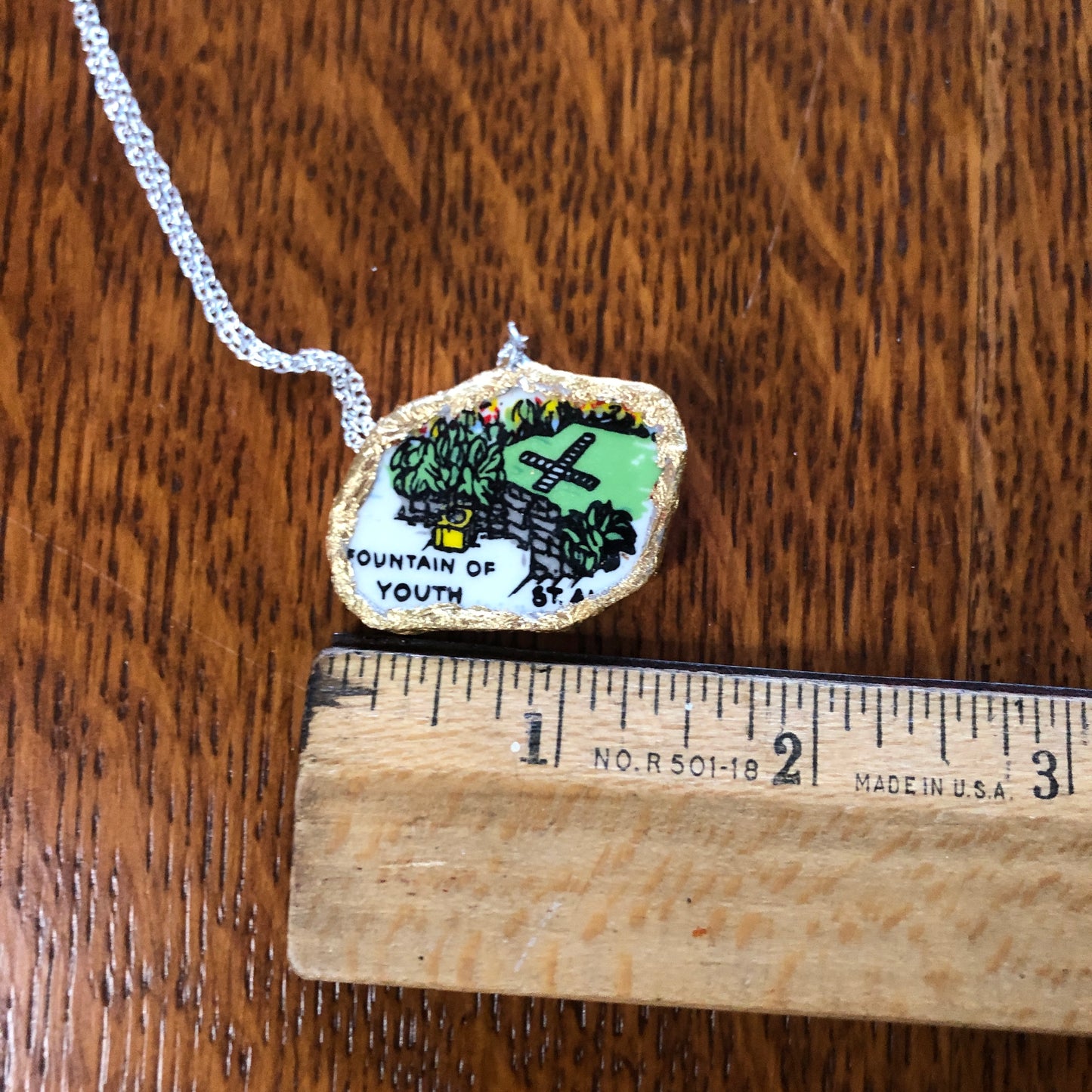 Broken Pottery Artisan Made Fountain Of Youth Pendant Florida Collectors Plate Handcrafted Necklace 1 3/8in x 1in