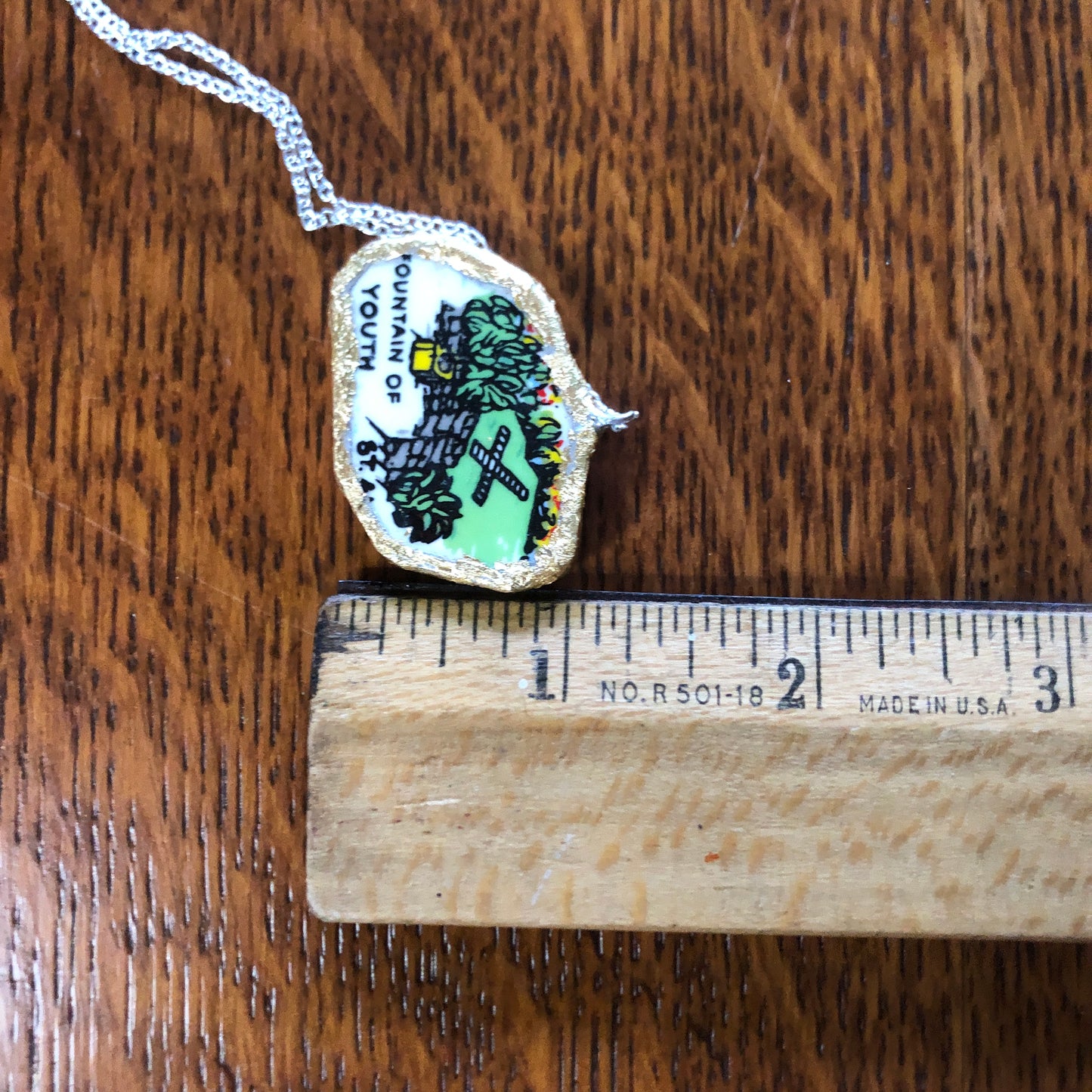 Broken Pottery Artisan Made Fountain Of Youth Pendant Florida Collectors Plate Handcrafted Necklace 1 3/8in x 1in