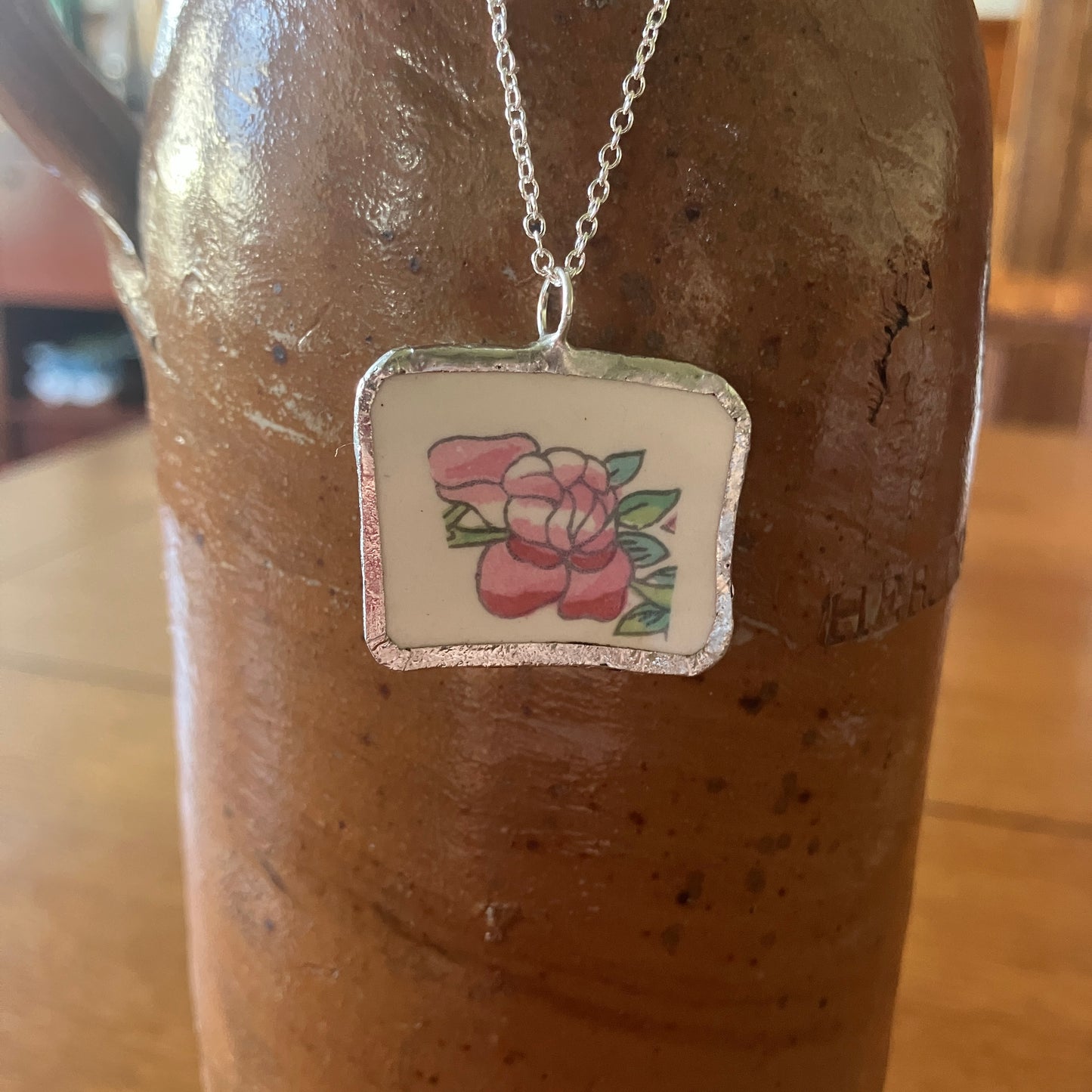 Broken Pottery Artisan Made Pendant Broken Crown Clarence Staffordshire Indian Tree Plate Handcrafted Necklace 1.25in x 1in