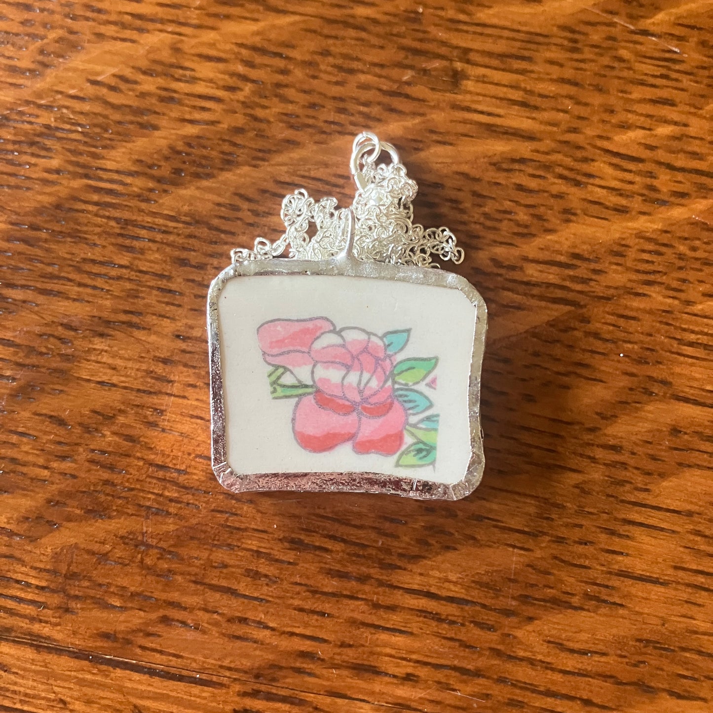 Broken Pottery Artisan Made Pendant Broken Crown Clarence Staffordshire Indian Tree Plate Handcrafted Necklace 1.25in x 1in