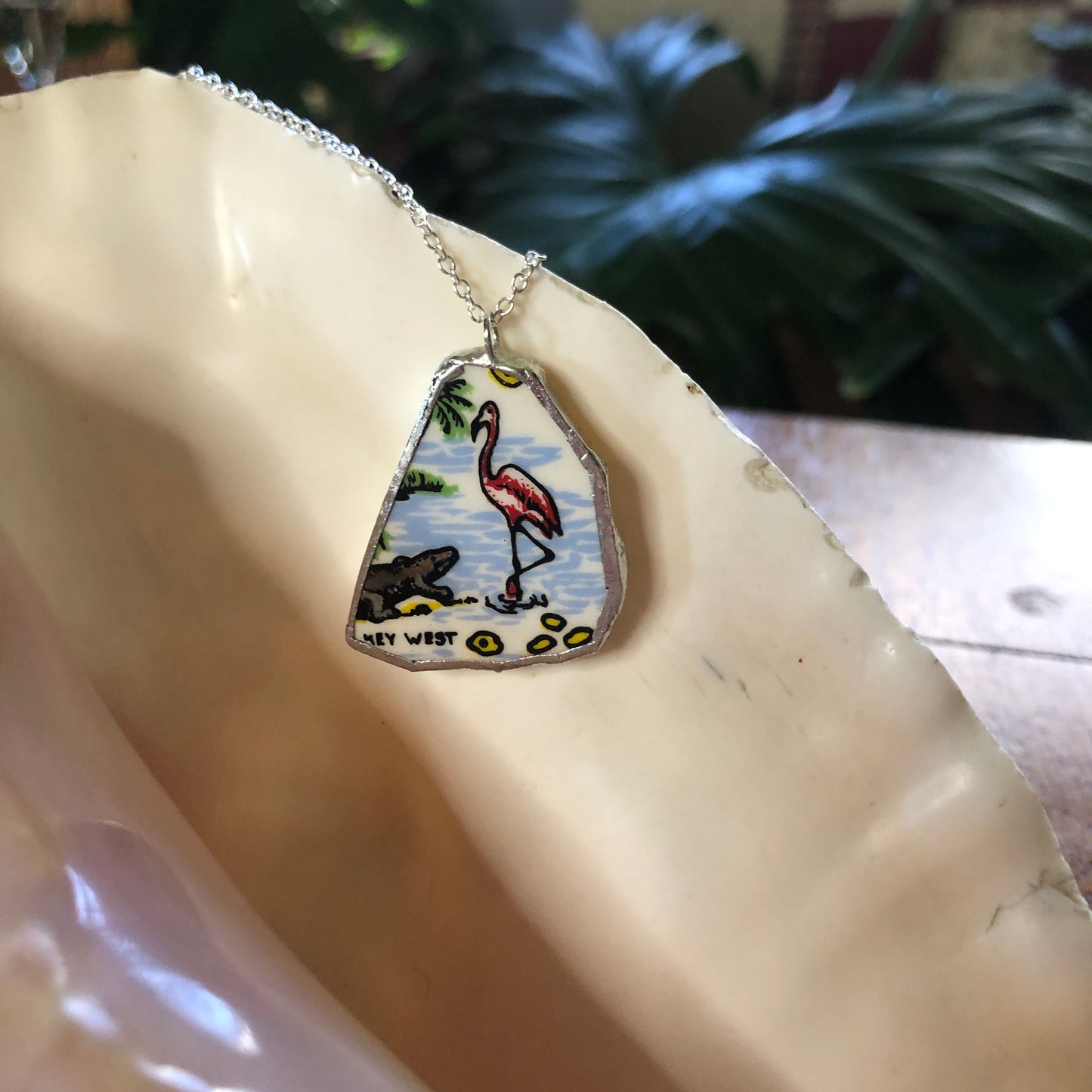 Broken Pottery Artisan Made Key West Pendant Florida Collectors Plate Handcrafted Necklace 1.25in x 1 3/8in